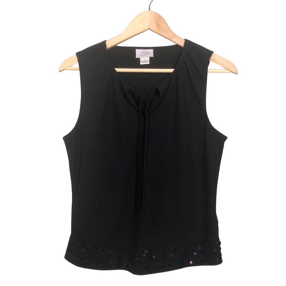 Anne Taylor Loft Black Sequin Tie Front Sleeveless Top | Size 8